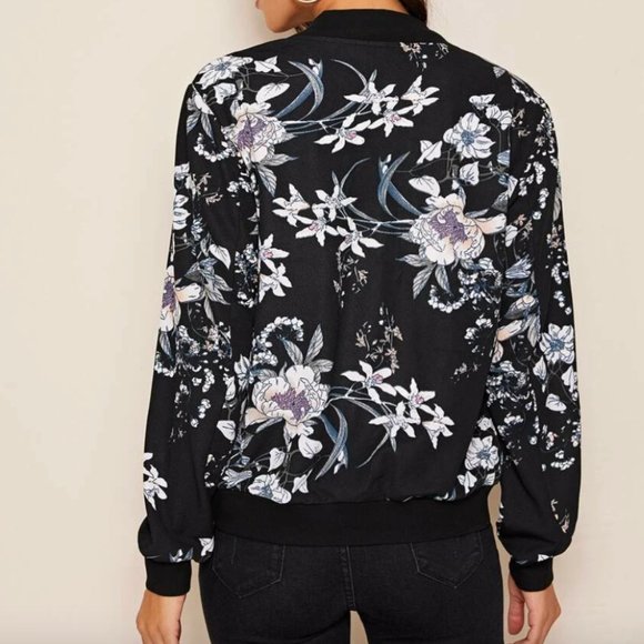 Black blue floral print zip up bomber jacket - Picture 2 of 6